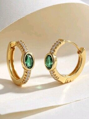 NEW! 18K Gold Plated Green Emerald & CZ Small Huggie Hoop Earrings